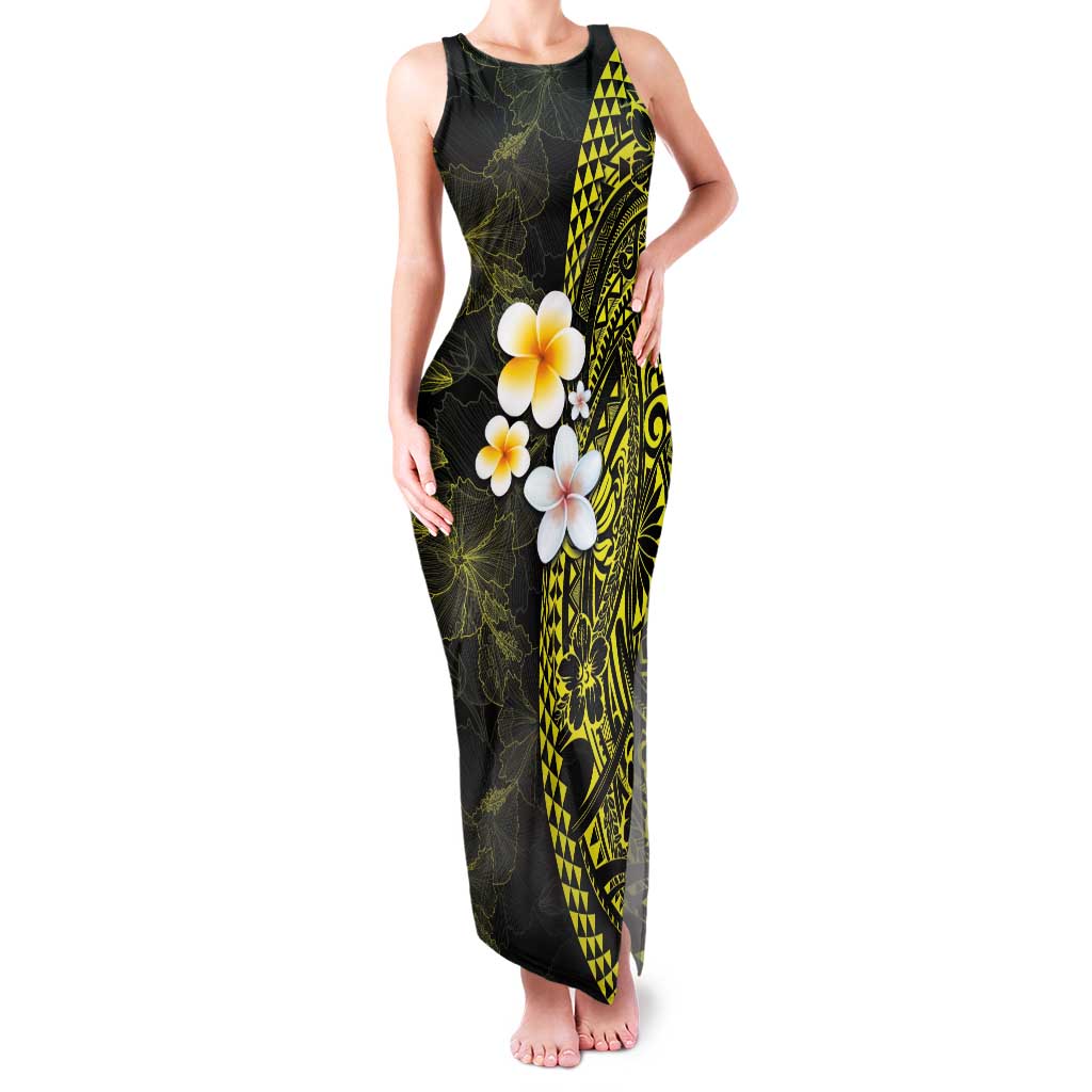 Hawaiian Hibiscus and Plumeria Polynesian Tribal Tattoo Family Matching Tank Maxi Dress and Hawaiian Shirt Yellow Color