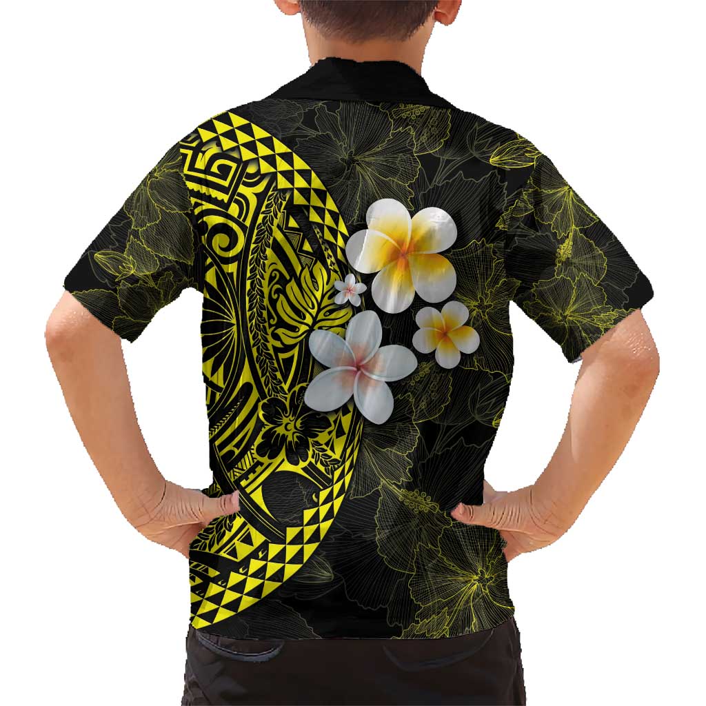 Hawaiian Hibiscus and Plumeria Polynesian Tribal Tattoo Kid Hawaiian Shirt Yellow Color