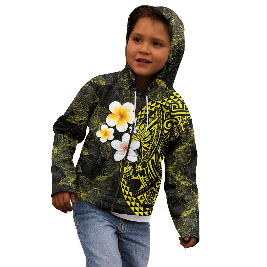Hawaiian Hibiscus and Plumeria Polynesian Tribal Tattoo Kid Hoodie Yellow Color
