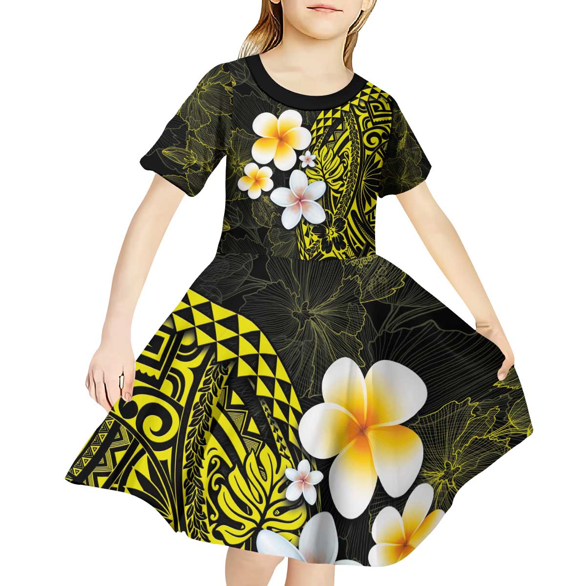 Hawaiian Hibiscus and Plumeria Polynesian Tribal Tattoo Kid Short Sleeve Dress Yellow Color