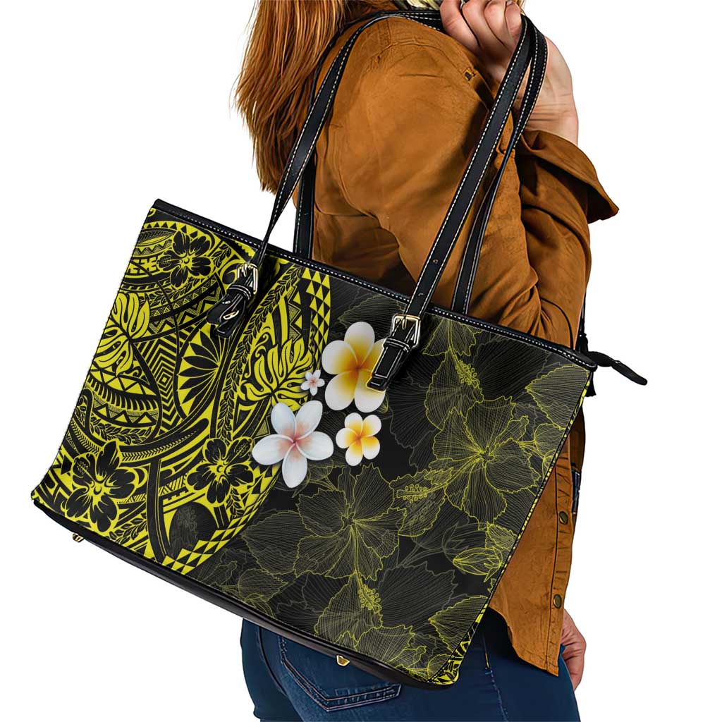 Hawaiian Hibiscus and Plumeria Polynesian Tribal Tattoo Leather Tote Bag Yellow Color