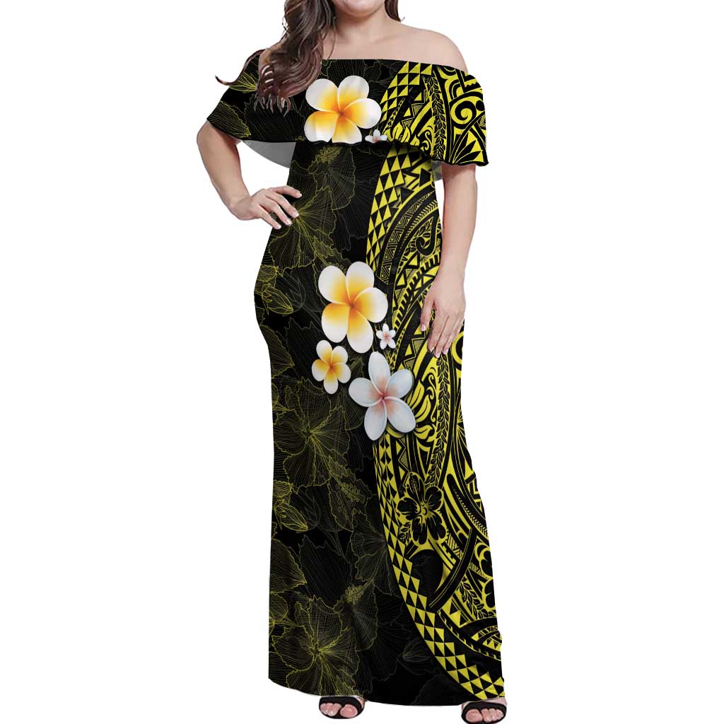 Hawaiian Hibiscus and Plumeria Polynesian Tribal Tattoo Off Shoulder Maxi Dress Yellow Color
