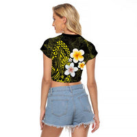 Hawaiian Hibiscus and Plumeria Polynesian Tribal Tattoo Raglan Cropped T Shirt Yellow Color