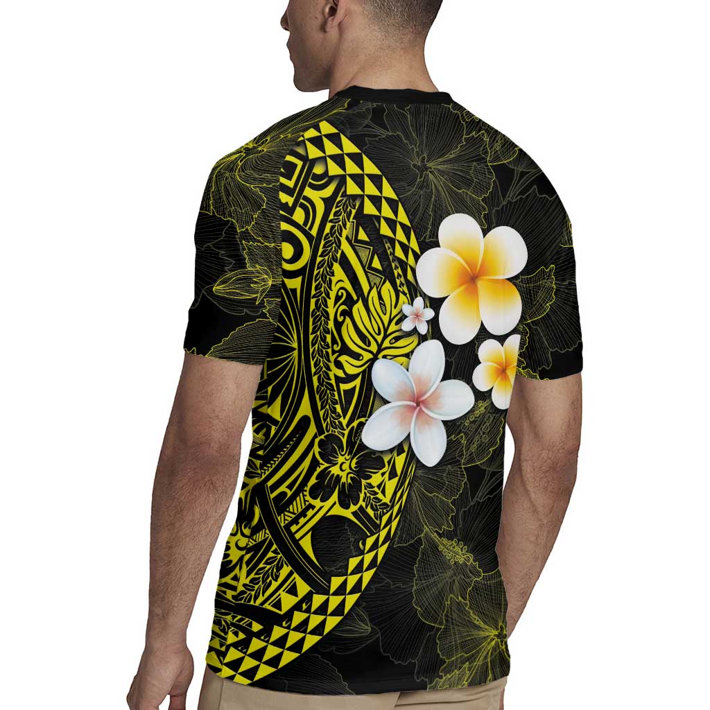 Hawaiian Hibiscus and Plumeria Polynesian Tribal Tattoo Rugby Jersey Yellow Color