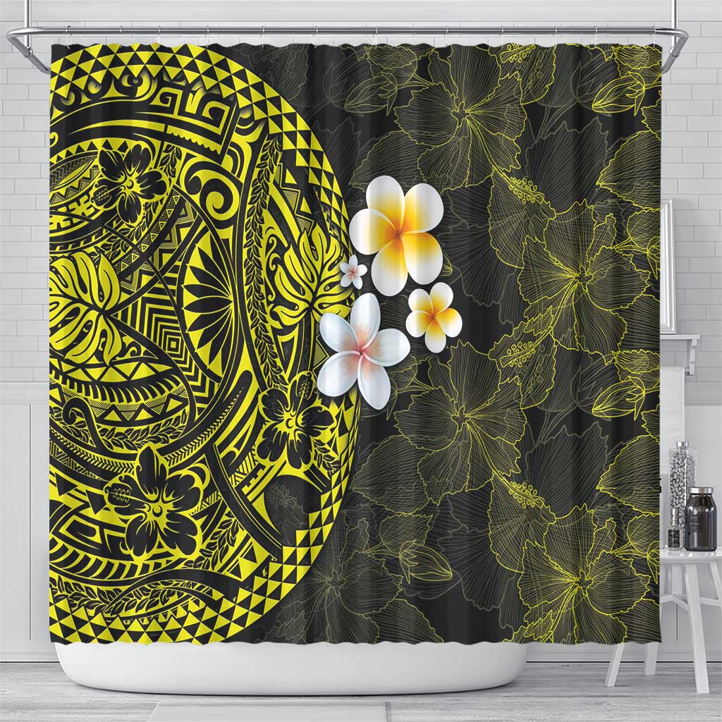 Hawaiian Hibiscus and Plumeria Polynesian Tribal Tattoo Shower Curtain Yellow Color