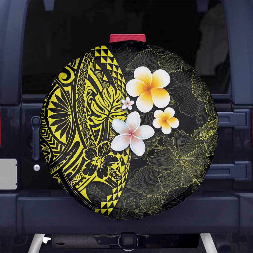 Hawaiian Hibiscus and Plumeria Polynesian Tribal Tattoo Spare Tire Cover Yellow Color