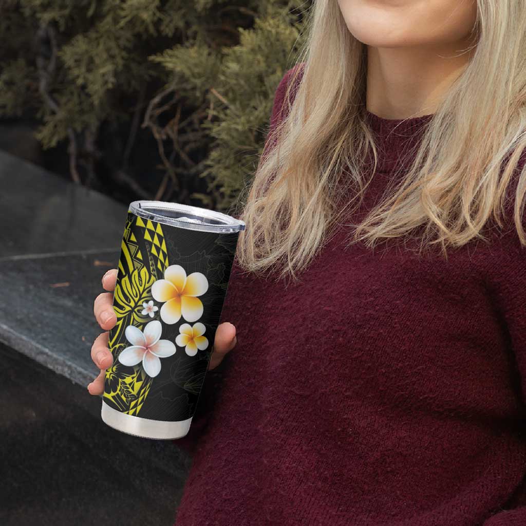 Hawaiian Hibiscus and Plumeria Polynesian Tribal Tattoo Tumbler Cup Yellow Color