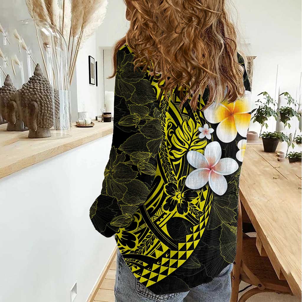 Hawaiian Hibiscus and Plumeria Polynesian Tribal Tattoo Women Casual Shirt Yellow Color