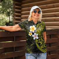 Hawaiian Hibiscus and Plumeria Polynesian Tribal Tattoo Women Polo Shirt Yellow Color