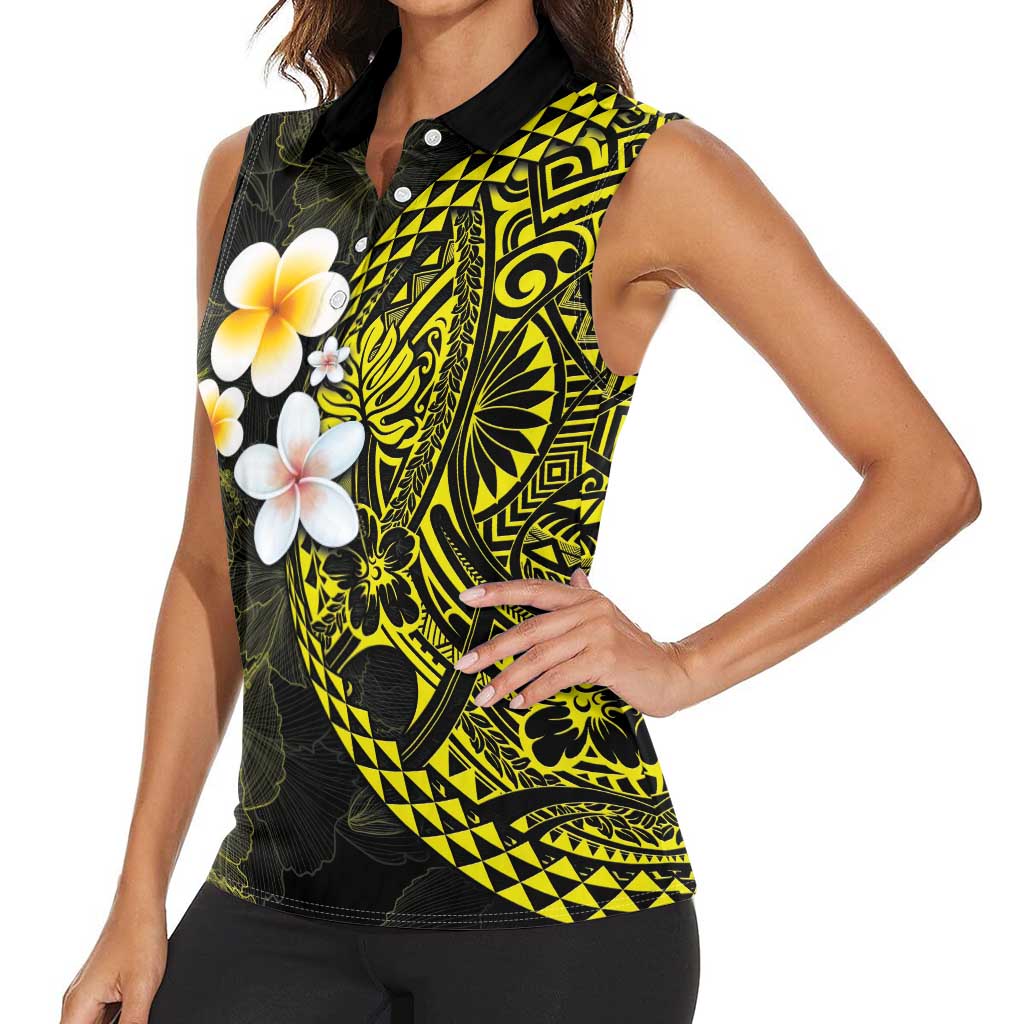 Hawaiian Hibiscus and Plumeria Polynesian Tribal Tattoo Women Sleeveless Polo Shirt Yellow Color