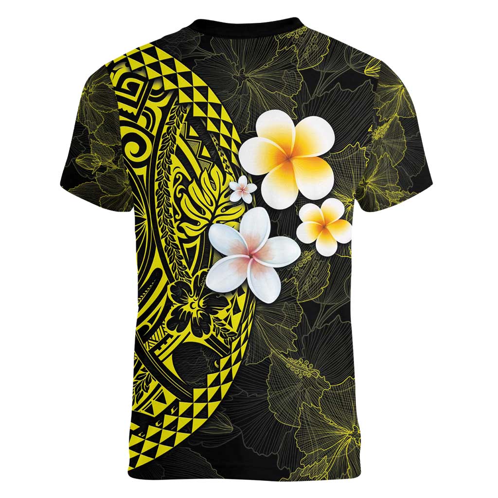 Hawaiian Hibiscus and Plumeria Polynesian Tribal Tattoo Women V-Neck T-Shirt Yellow Color