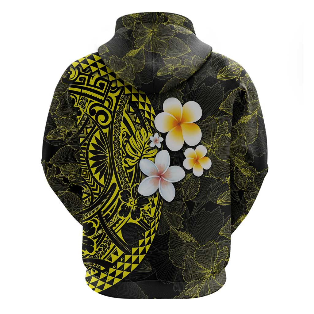 Hawaiian Hibiscus and Plumeria Polynesian Tribal Tattoo Zip Hoodie Yellow Color