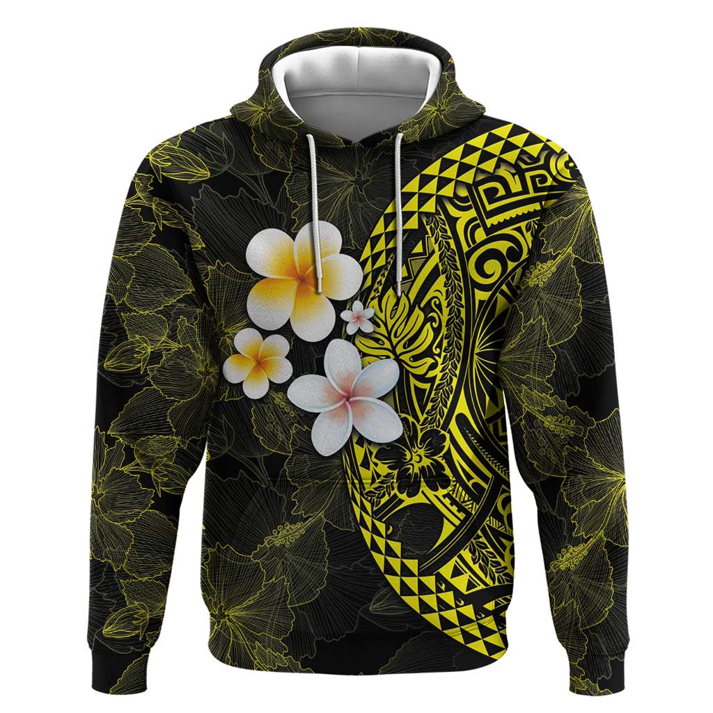 Hawaiian Hibiscus and Plumeria Polynesian Tribal Tattoo Zip Hoodie Yellow Color