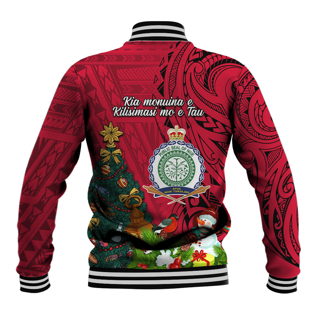 Niue Christmas Baseball Jacket Coat of Arms and Polynesian Tattoo Xmas Element Christmas Red Vibe LT03 - Polynesian Pride