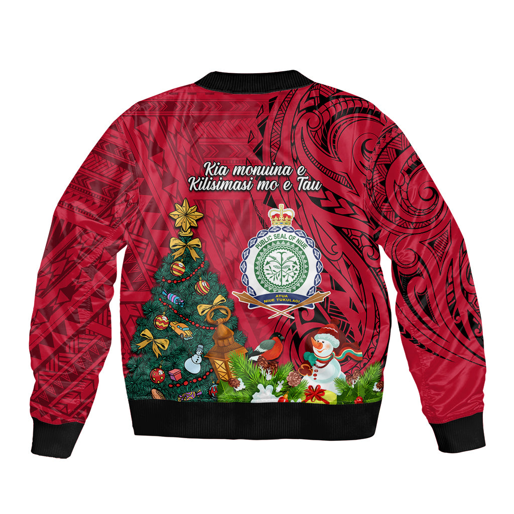 Niue Christmas Bomber Jacket Coat of Arms and Polynesian Tattoo Xmas Element Christmas Red Vibe LT03 - Polynesian Pride