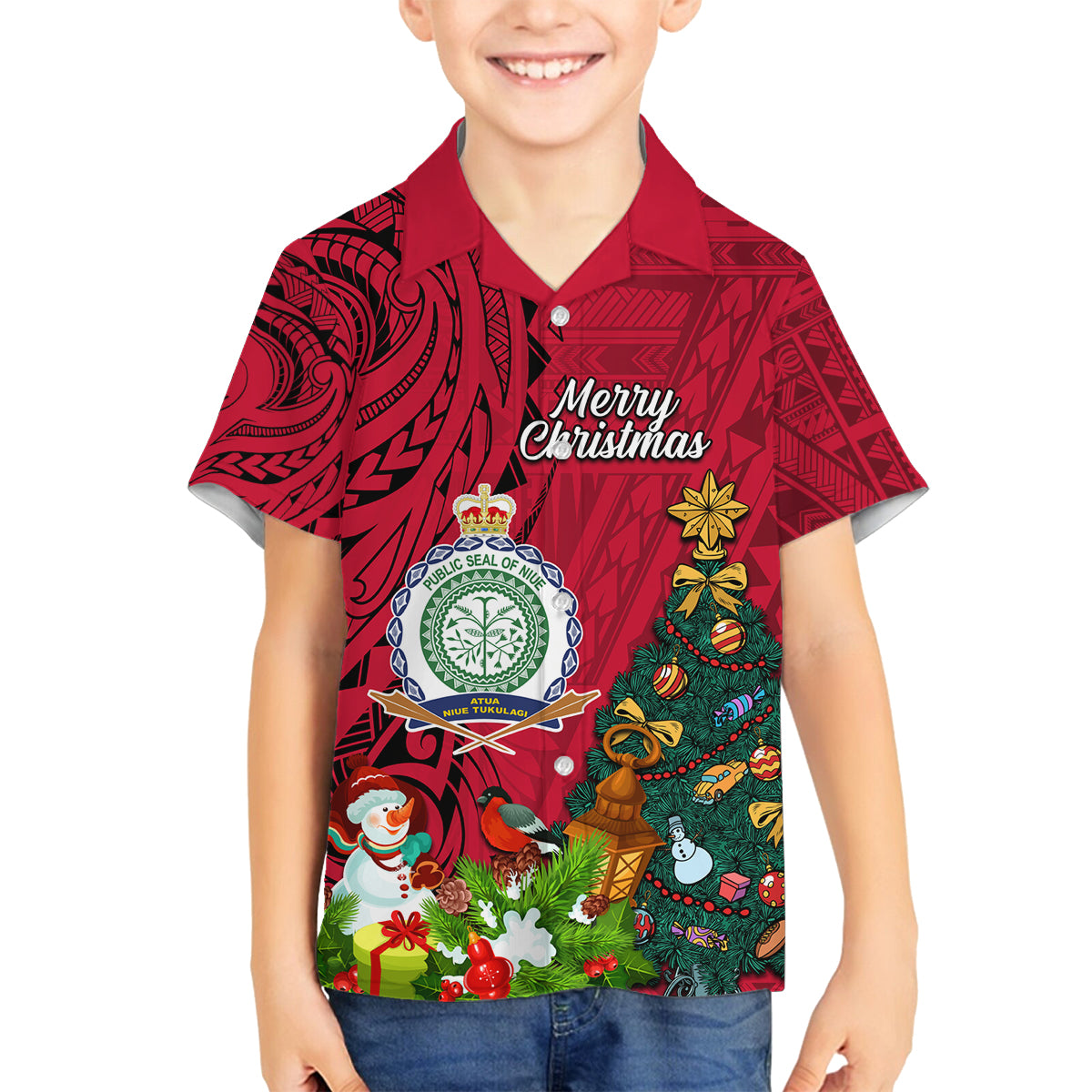 Niue Christmas Family Matching Off Shoulder Long Sleeve Dress and Hawaiian Shirt Coat of Arms and Polynesian Tattoo Xmas Element Christmas Red Vibe LT03 Son's Shirt Red - Polynesian Pride