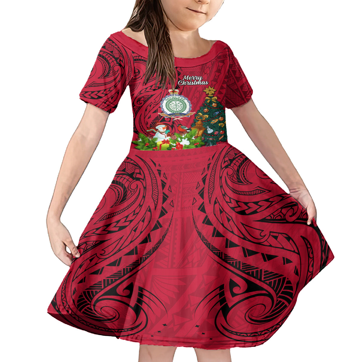 Niue Christmas Family Matching Off Shoulder Short Dress and Hawaiian Shirt Coat of Arms and Polynesian Tattoo Xmas Element Christmas Red Vibe LT03 Daughter's Dress Red - Polynesian Pride