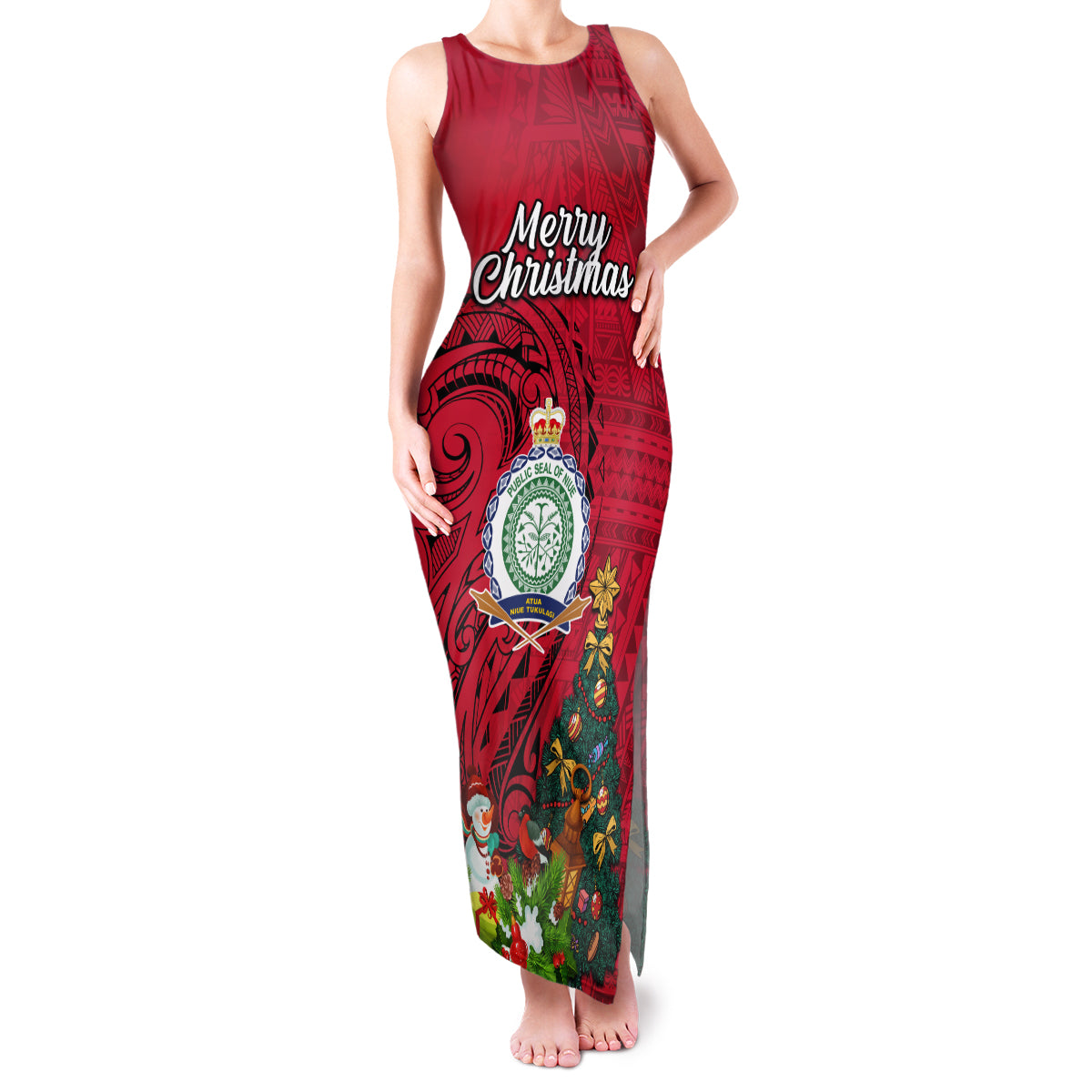 Niue Christmas Family Matching Tank Maxi Dress and Hawaiian Shirt Coat of Arms and Polynesian Tattoo Xmas Element Christmas Red Vibe LT03 Mom's Dress Red - Polynesian Pride