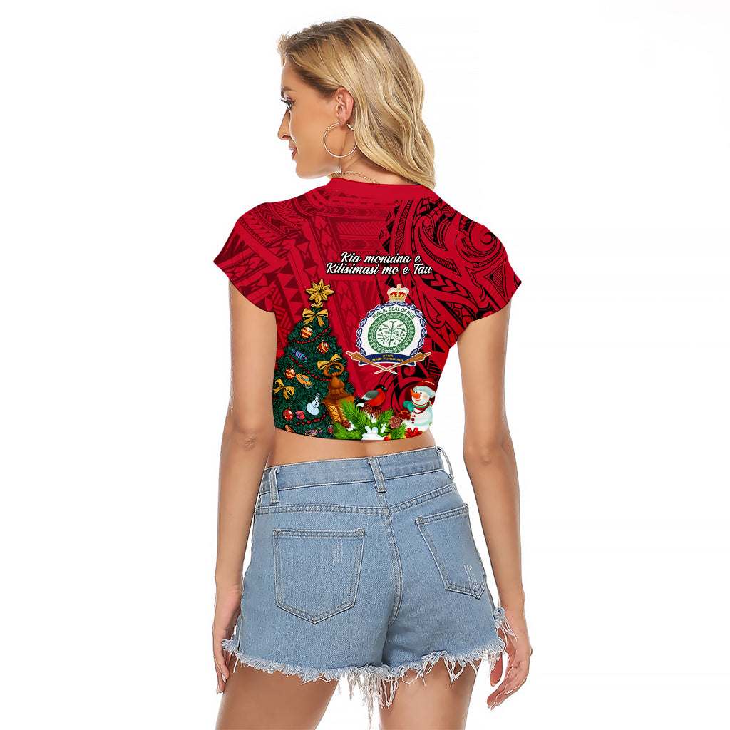 Niue Christmas Raglan Cropped T Shirt Coat of Arms and Polynesian Tattoo Xmas Element Christmas Red Vibe LT03 - Polynesian Pride