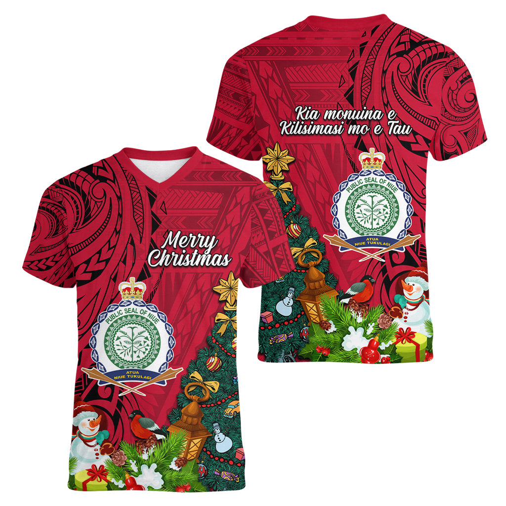 Niue Christmas Women V Neck T Shirt Coat of Arms and Polynesian Tattoo Xmas Element Christmas Red Vibe LT03 - Polynesian Pride