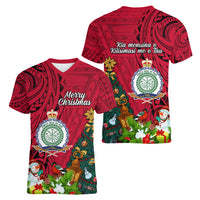 Niue Christmas Women V Neck T Shirt Coat of Arms and Polynesian Tattoo Xmas Element Christmas Red Vibe LT03 - Polynesian Pride