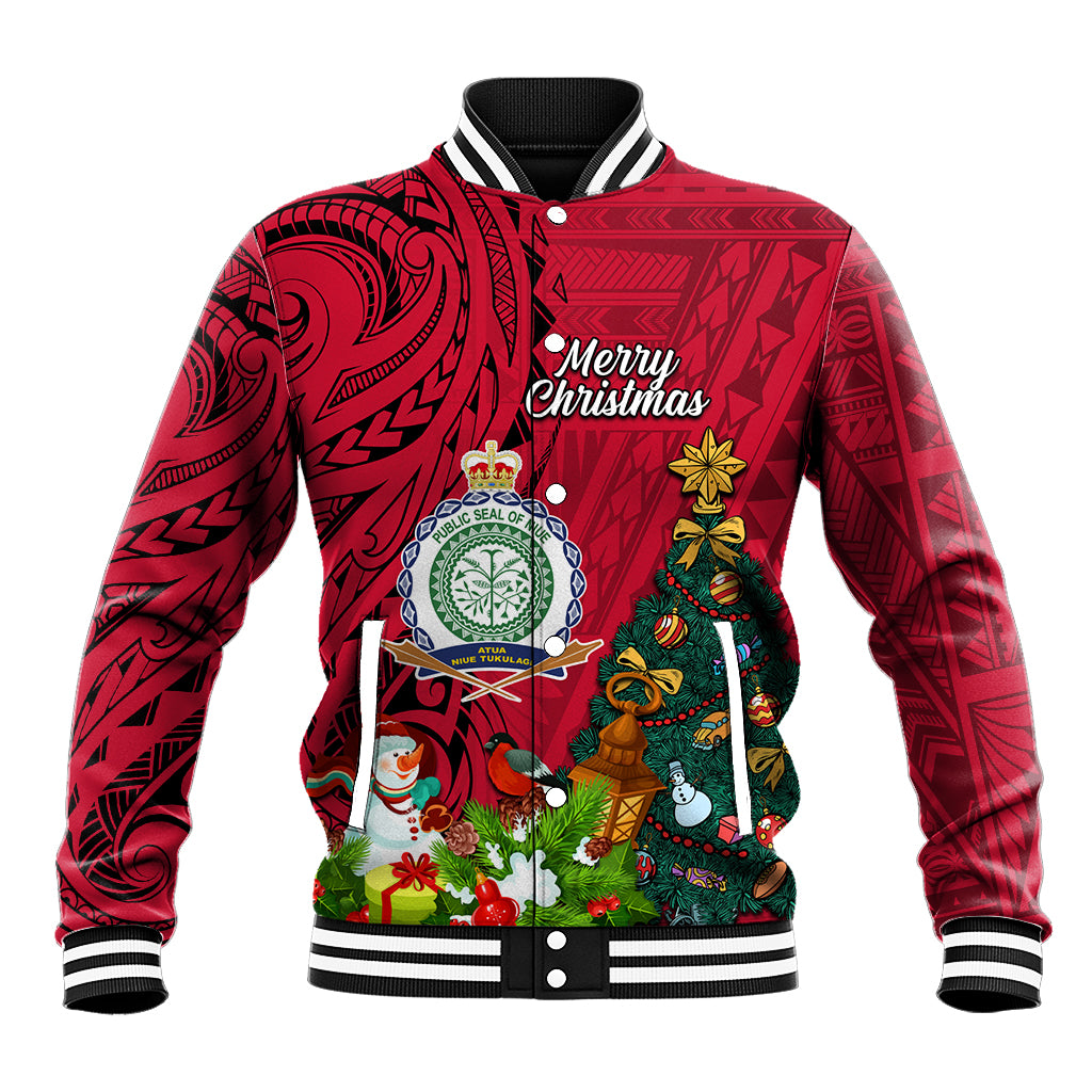 Personalised Niue Christmas Baseball Jacket Coat of Arms and Polynesian Tattoo Xmas Element Christmas Red Vibe LT03 Unisex Red - Polynesian Pride