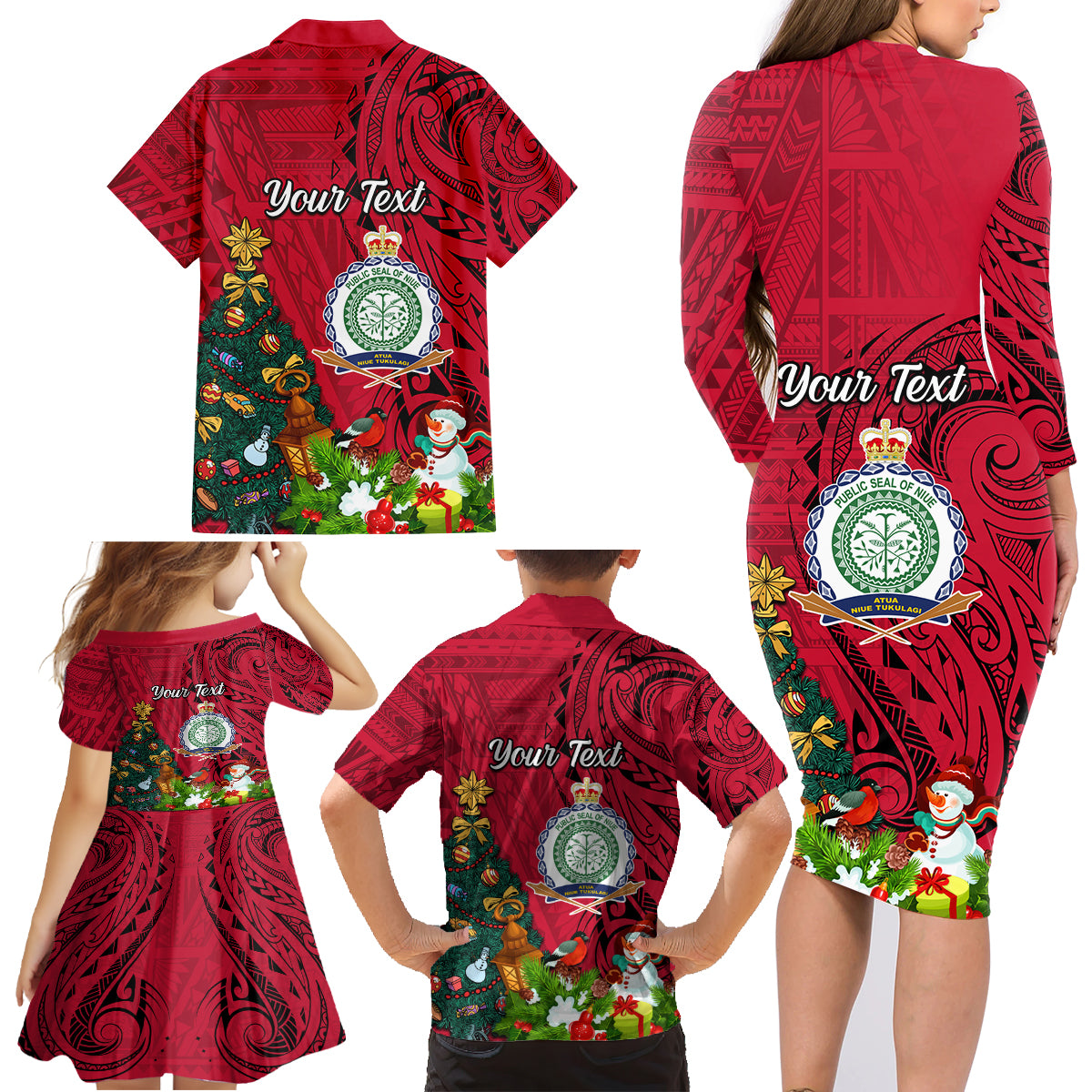 Personalised Niue Christmas Family Matching Long Sleeve Bodycon Dress and Hawaiian Shirt Coat of Arms and Polynesian Tattoo Xmas Element Christmas Red Vibe LT03 - Polynesian Pride