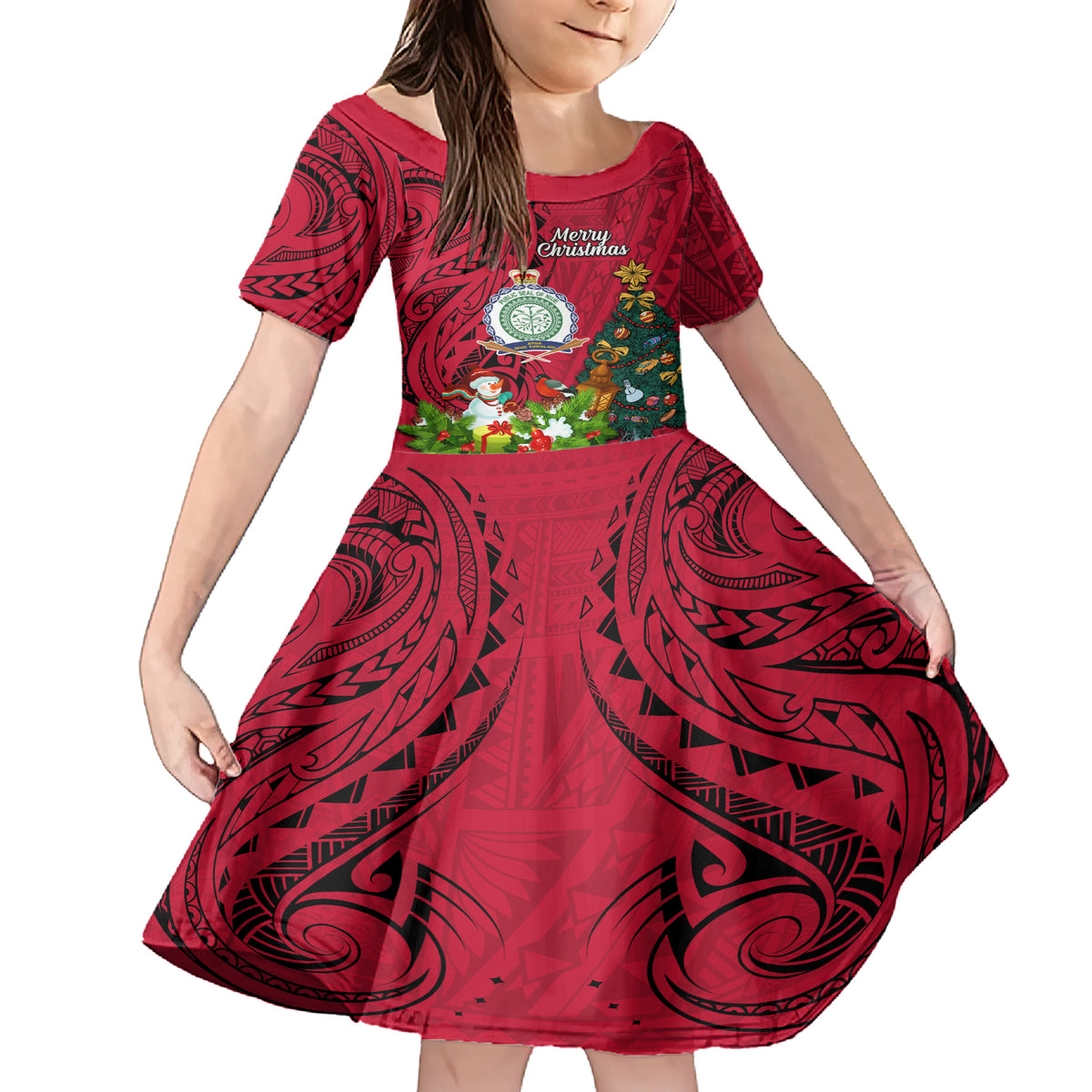 Personalised Niue Christmas Family Matching Short Sleeve Bodycon Dress and Hawaiian Shirt Coat of Arms and Polynesian Tattoo Xmas Element Christmas Red Vibe LT03 Daughter's Dress Red - Polynesian Pride