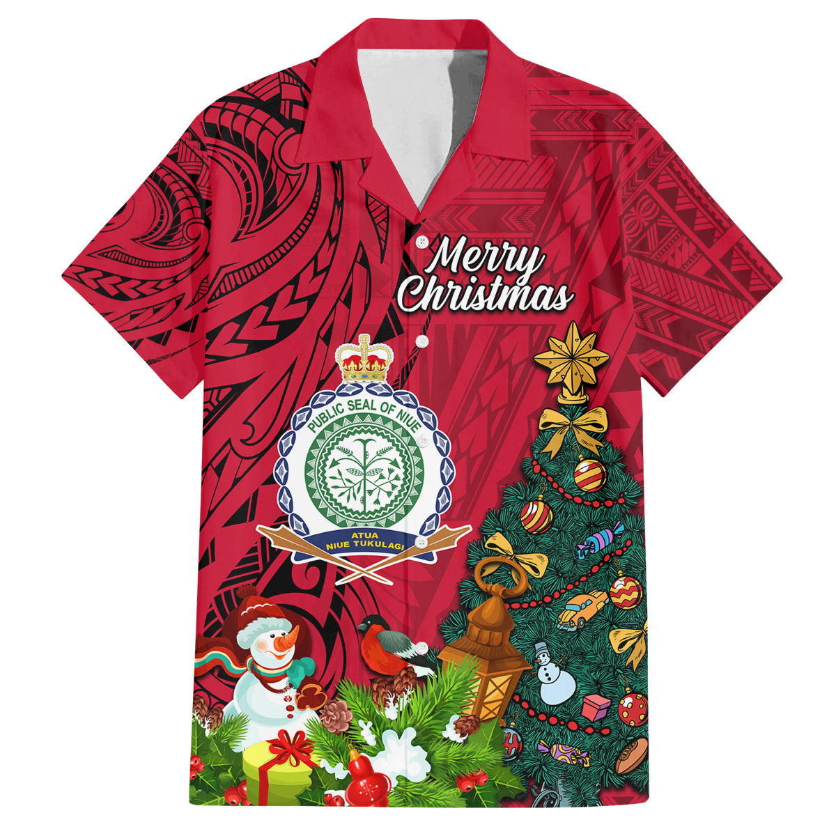 Personalised Niue Christmas Family Matching Tank Maxi Dress and Hawaiian Shirt Coat of Arms and Polynesian Tattoo Xmas Element Christmas Red Vibe LT03 Dad's Shirt - Short Sleeve Red - Polynesian Pride