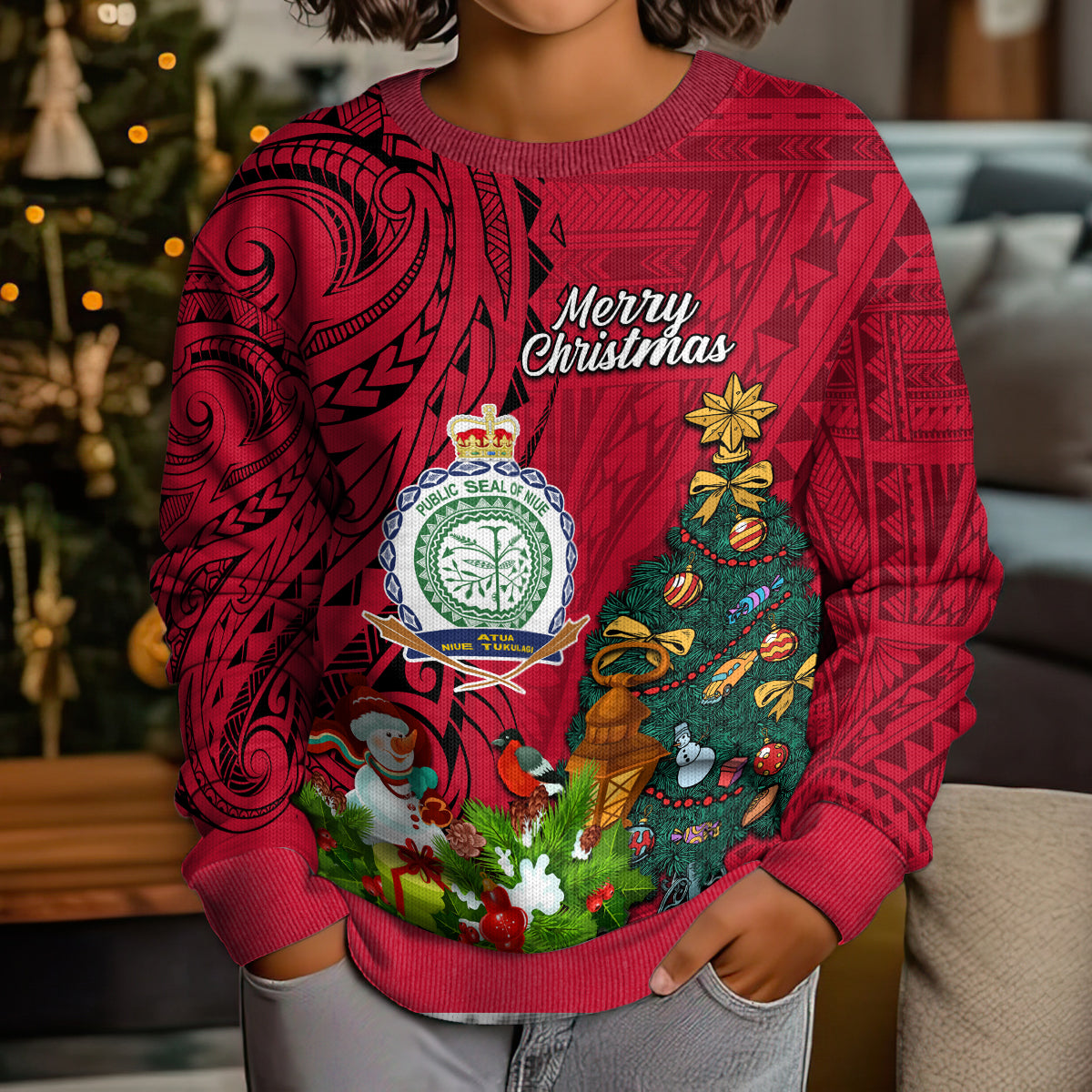 Personalised Niue Christmas Kid Ugly Christmas Sweater Coat of Arms and Polynesian Tattoo Xmas Element Christmas Red Vibe LT03 - Polynesian Pride