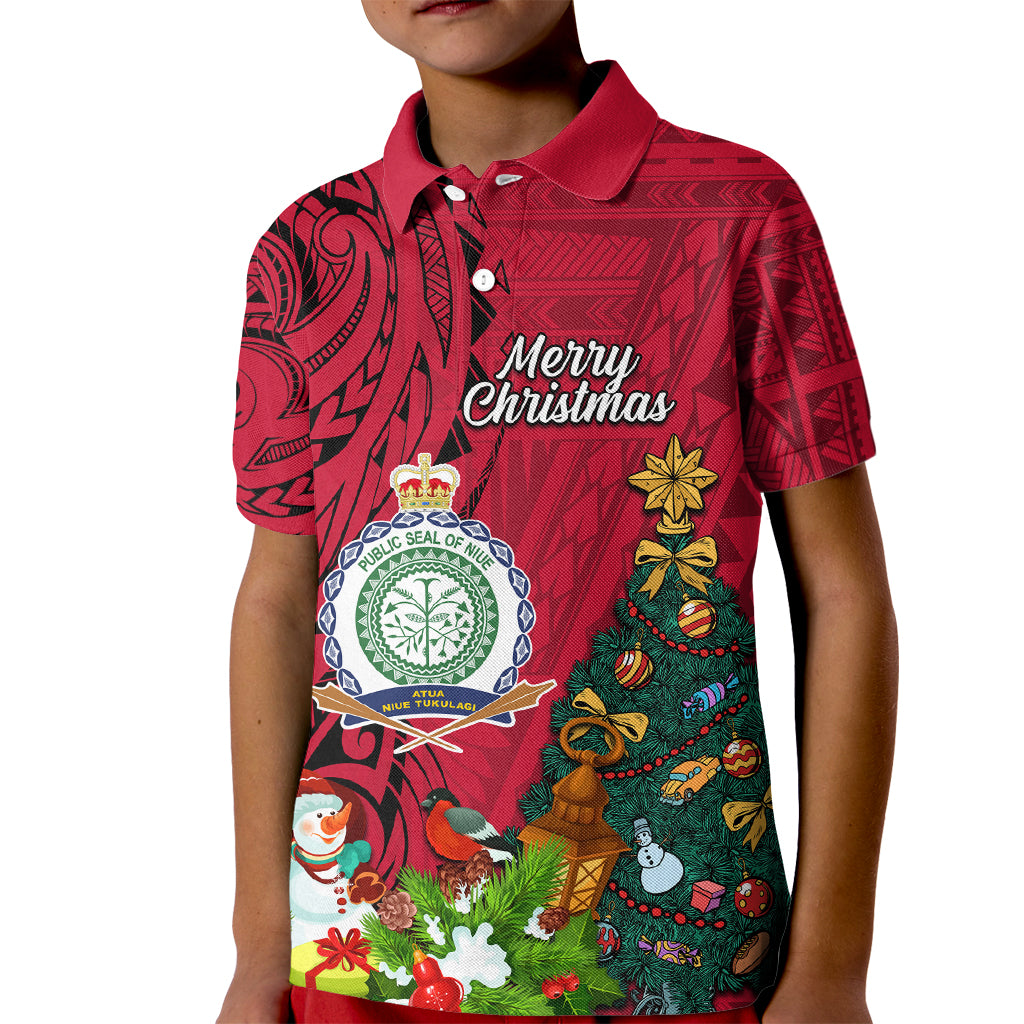 Personalised Niue Christmas Kid Polo Shirt Coat of Arms and Polynesian Tattoo Xmas Element Christmas Red Vibe LT03 Kid Red - Polynesian Pride