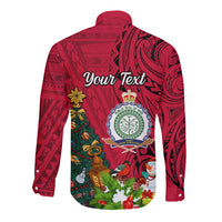 Personalised Niue Christmas Long Sleeve Button Shirt Coat of Arms and Polynesian Tattoo Xmas Element Christmas Red Vibe LT03 - Polynesian Pride
