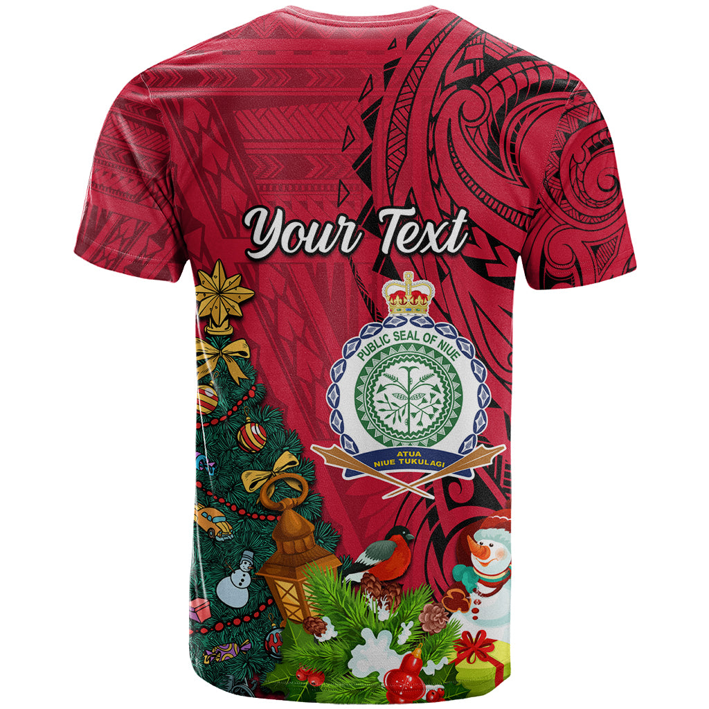 Personalised Niue Christmas T Shirt Coat of Arms and Polynesian Tattoo Xmas Element Christmas Red Vibe LT03 - Polynesian Pride