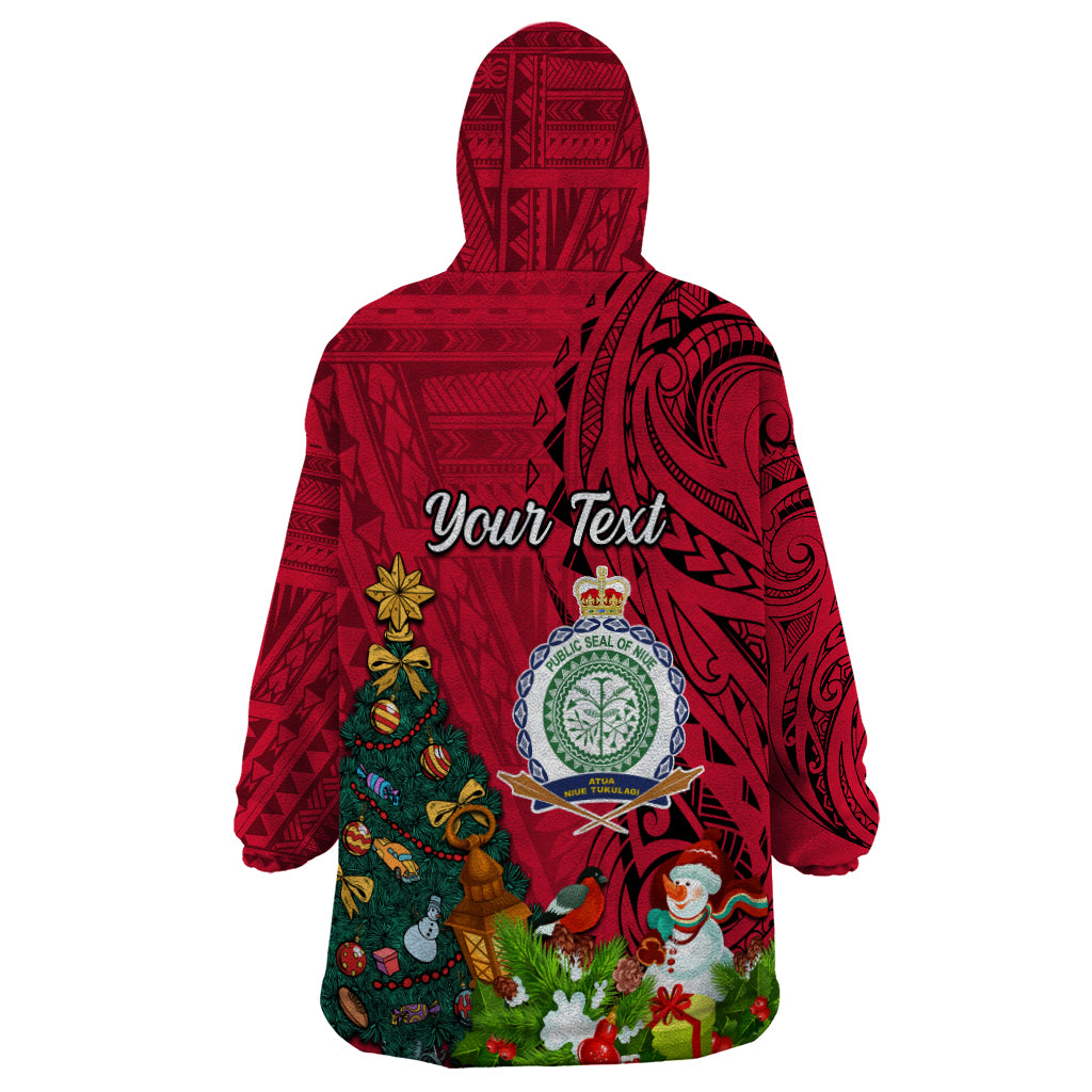 Personalised Niue Christmas Wearable Blanket Hoodie Coat of Arms and Polynesian Tattoo Xmas Element Christmas Red Vibe LT03 - Polynesian Pride