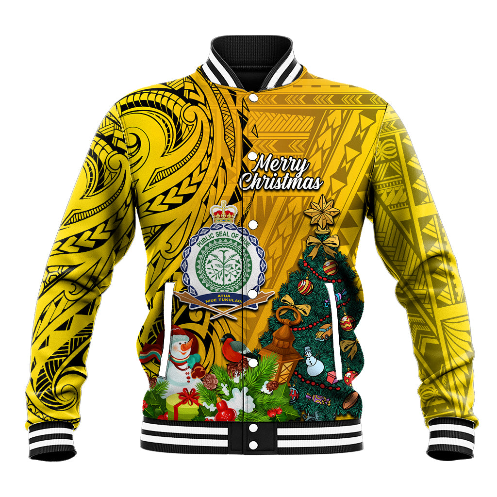 Niue Christmas Baseball Jacket Coat of Arms and Polynesian Tattoo Xmas Element Christmas Yellow Vibe LT03 Unisex Yellow - Polynesian Pride