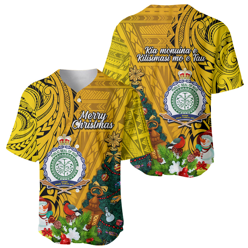 Niue Christmas Baseball Jersey Coat of Arms and Polynesian Tattoo Xmas Element Christmas Yellow Vibe LT03 - Polynesian Pride