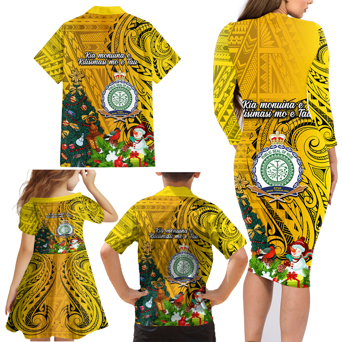 Niue Christmas Family Matching Long Sleeve Bodycon Dress and Hawaiian Shirt Coat of Arms and Polynesian Tattoo Xmas Element Christmas Yellow Vibe LT03 - Polynesian Pride