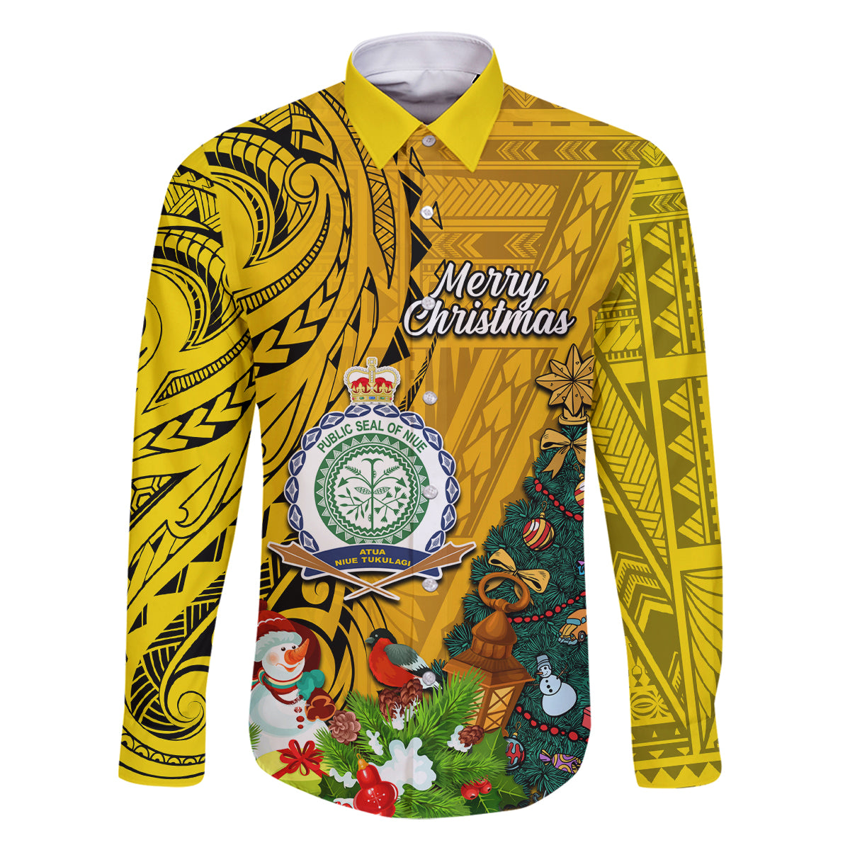 Niue Christmas Family Matching Off Shoulder Long Sleeve Dress and Hawaiian Shirt Coat of Arms and Polynesian Tattoo Xmas Element Christmas Yellow Vibe LT03 Dad's Shirt - Long Sleeve Yellow - Polynesian Pride