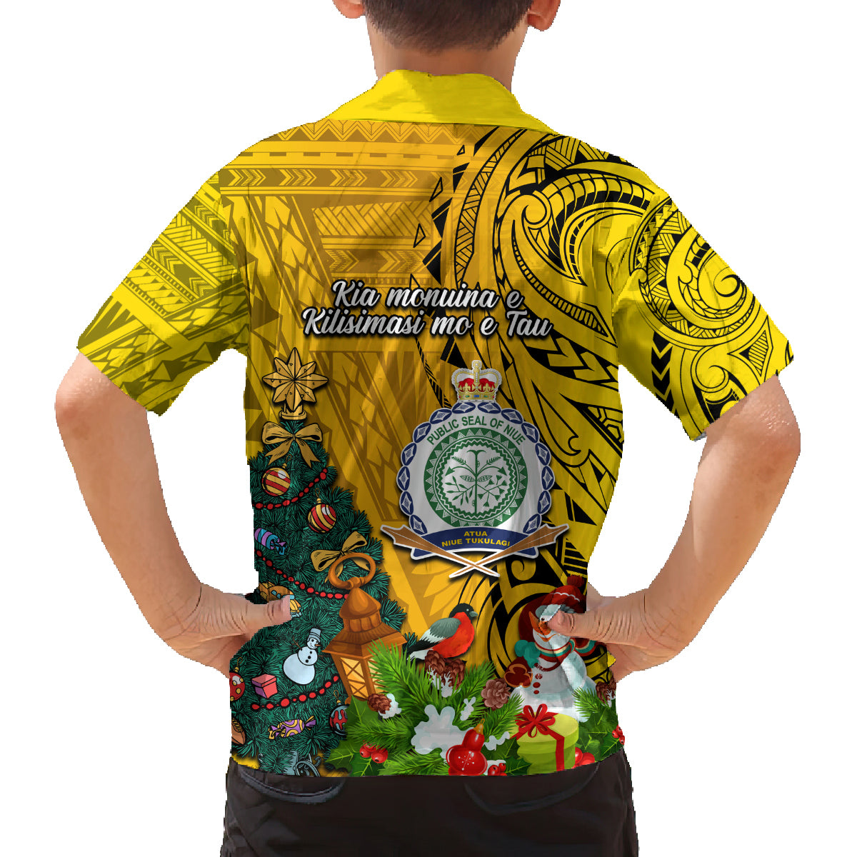 Niue Christmas Family Matching Off Shoulder Maxi Dress and Hawaiian Shirt Coat of Arms and Polynesian Tattoo Xmas Element Christmas Yellow Vibe LT03 - Polynesian Pride