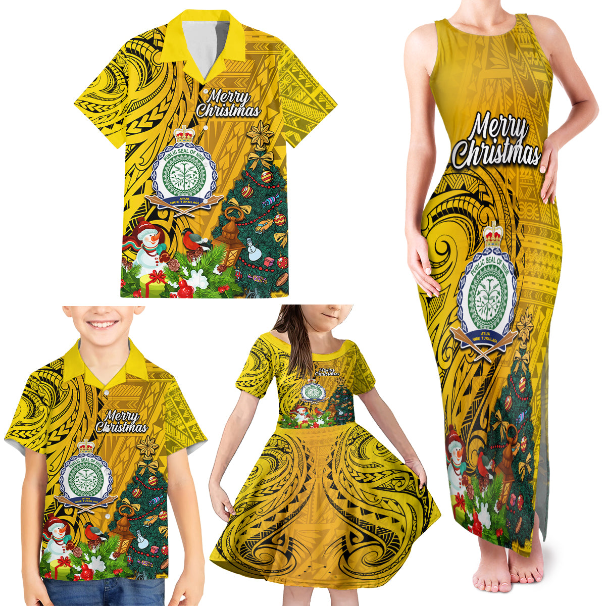 Niue Christmas Family Matching Tank Maxi Dress and Hawaiian Shirt Coat of Arms and Polynesian Tattoo Xmas Element Christmas Yellow Vibe LT03 - Polynesian Pride