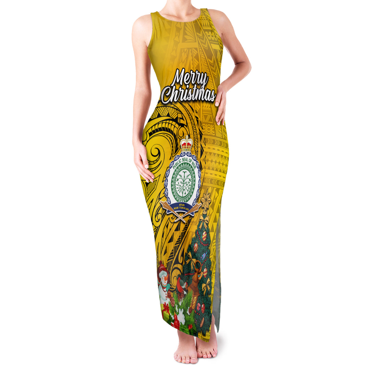Niue Christmas Family Matching Tank Maxi Dress and Hawaiian Shirt Coat of Arms and Polynesian Tattoo Xmas Element Christmas Yellow Vibe LT03 Mom's Dress Yellow - Polynesian Pride