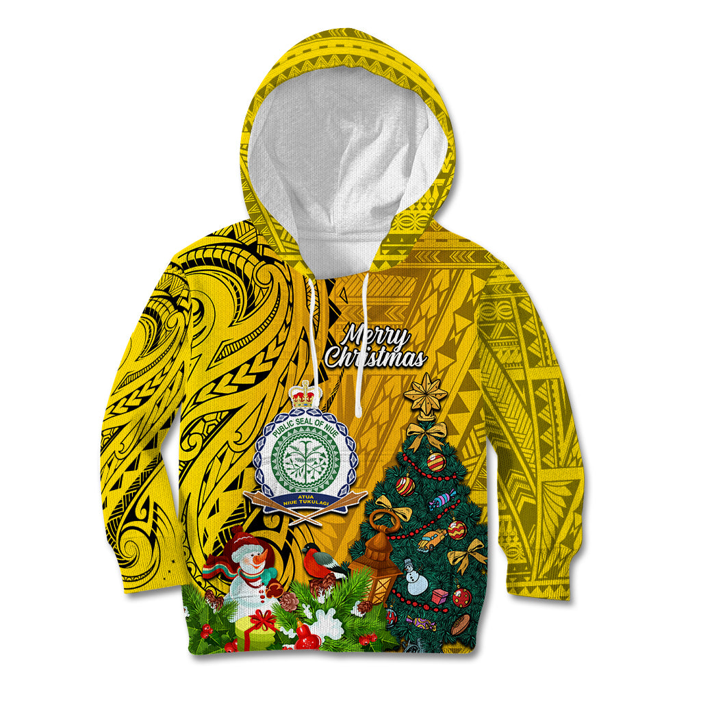 Niue Christmas Kid Hoodie Coat of Arms and Polynesian Tattoo Xmas Element Christmas Yellow Vibe LT03 Hoodie Yellow - Polynesian Pride