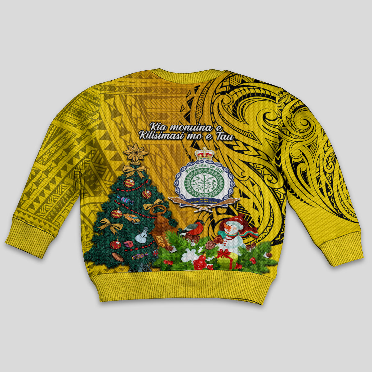 Niue Christmas Kid Ugly Christmas Sweater Coat of Arms and Polynesian Tattoo Xmas Element Christmas Yellow Vibe LT03 - Polynesian Pride