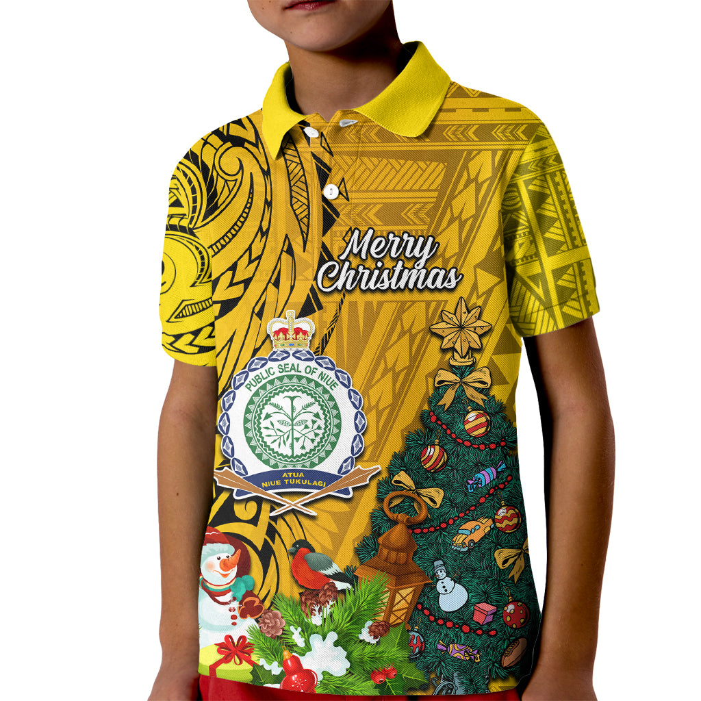 Niue Christmas Kid Polo Shirt Coat of Arms and Polynesian Tattoo Xmas Element Christmas Yellow Vibe LT03 Kid Yellow - Polynesian Pride