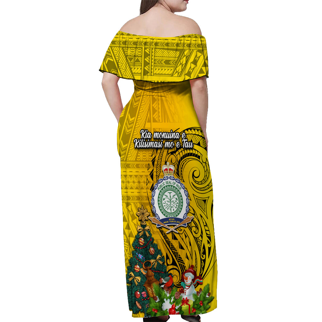 Niue Christmas Off Shoulder Maxi Dress Coat of Arms and Polynesian Tattoo Xmas Element Christmas Yellow Vibe LT03 - Polynesian Pride
