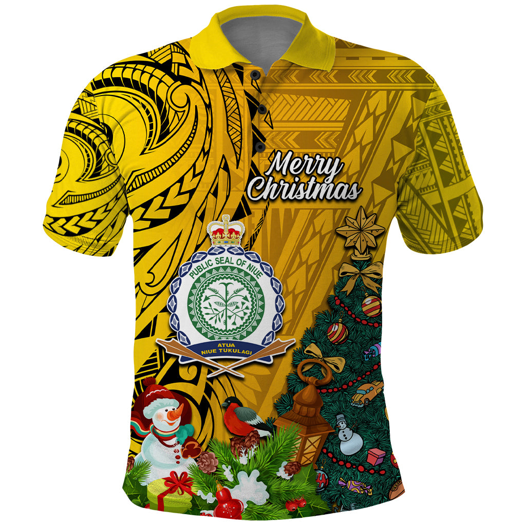 Niue Christmas Polo Shirt Coat of Arms and Polynesian Tattoo Xmas Element Christmas Yellow Vibe LT03 Yellow - Polynesian Pride