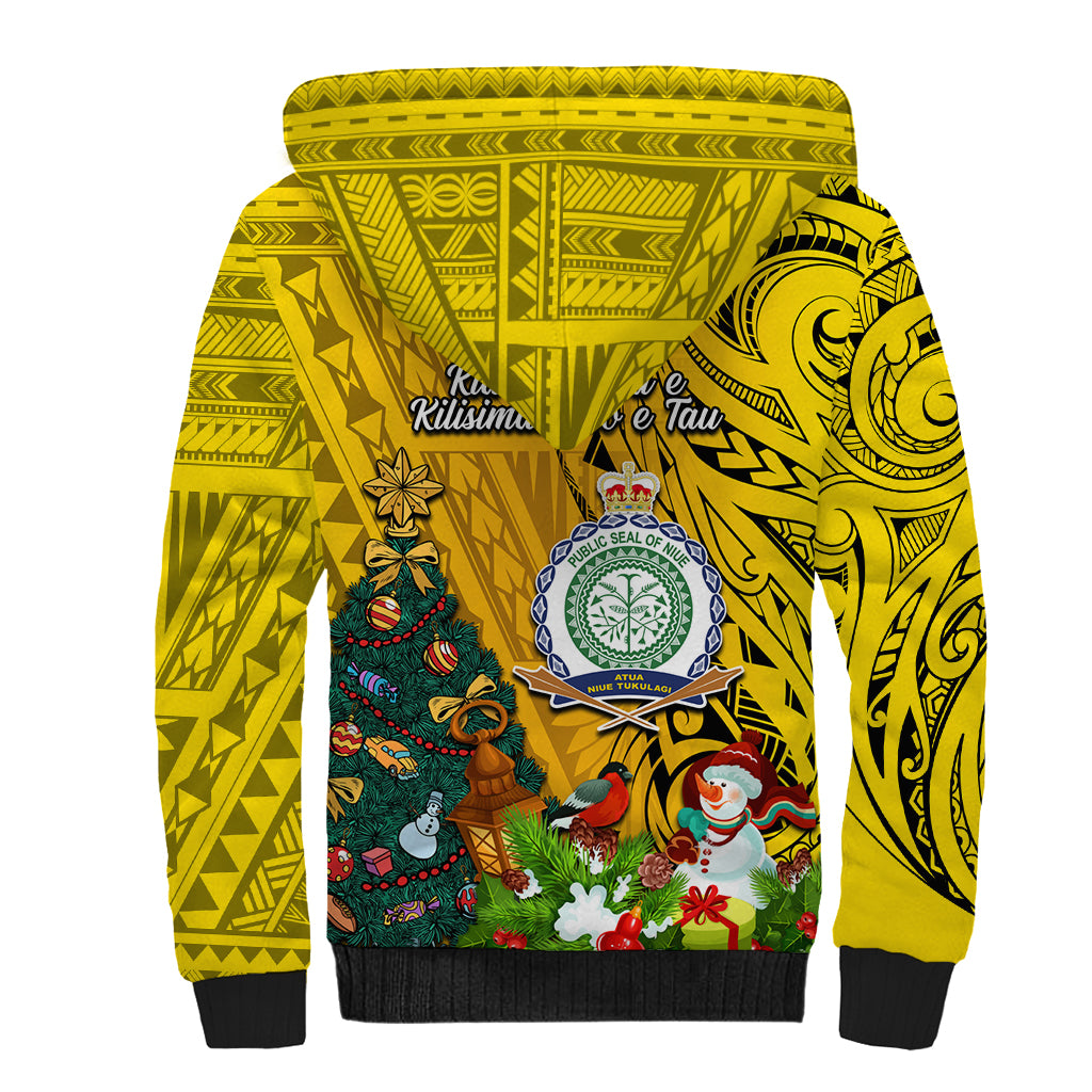 Niue Christmas Sherpa Hoodie Coat of Arms and Polynesian Tattoo Xmas Element Christmas Yellow Vibe LT03 - Polynesian Pride