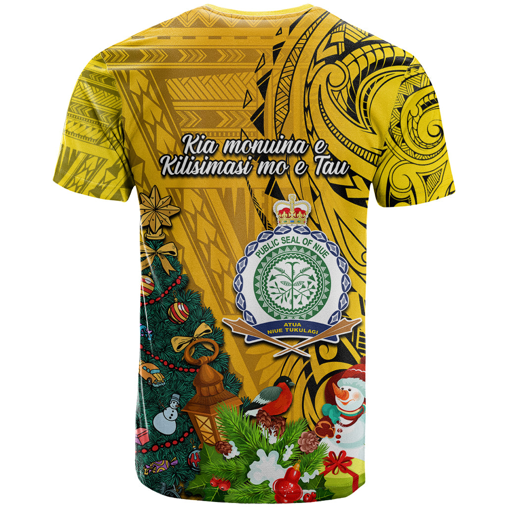 Niue Christmas T Shirt Coat of Arms and Polynesian Tattoo Xmas Element Christmas Yellow Vibe LT03 - Polynesian Pride