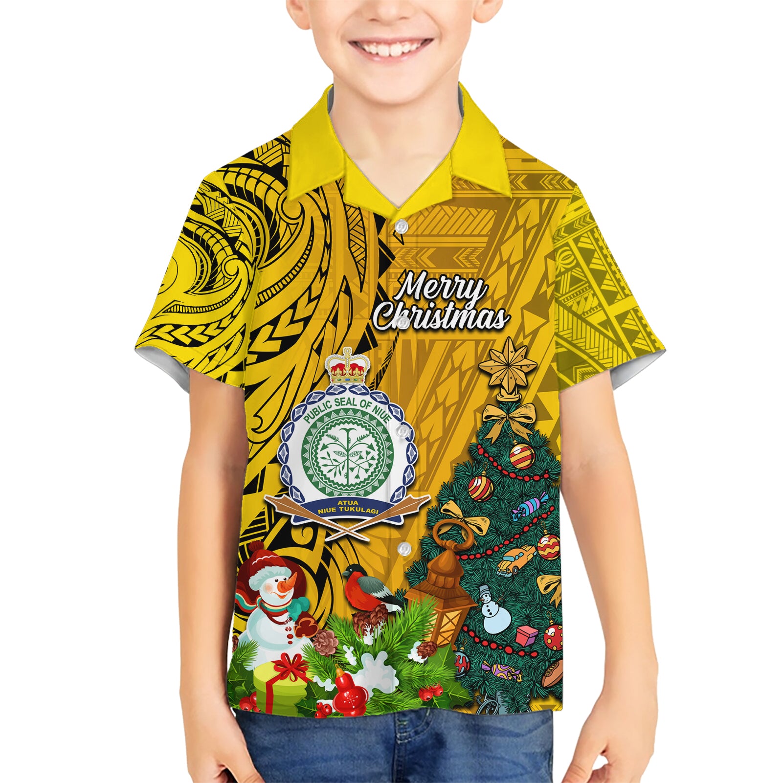 Personalised Niue Christmas Kid Hawaiian Shirt Coat of Arms and Polynesian Tattoo Xmas Element Christmas Yellow Vibe LT03 Kid Yellow - Polynesian Pride