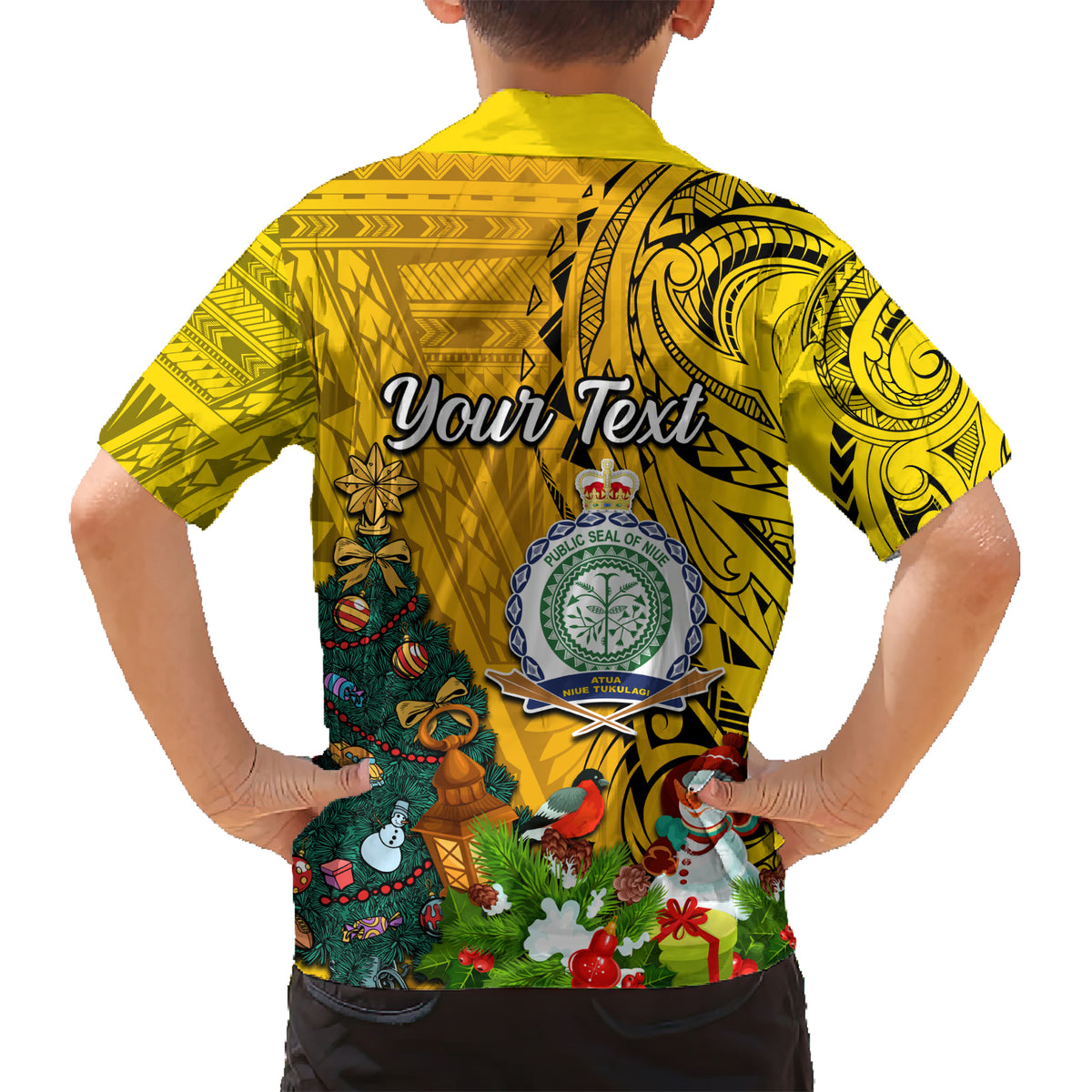 Personalised Niue Christmas Kid Hawaiian Shirt Coat of Arms and Polynesian Tattoo Xmas Element Christmas Yellow Vibe LT03 - Polynesian Pride